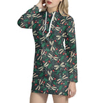 Christmas Floral Dragonfly Pattern Print Hoodie Dress