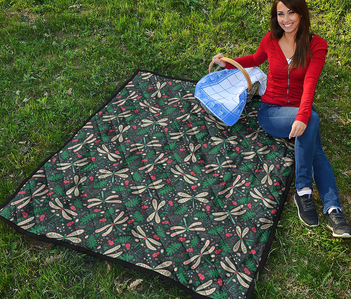 Christmas Floral Dragonfly Pattern Print Quilt