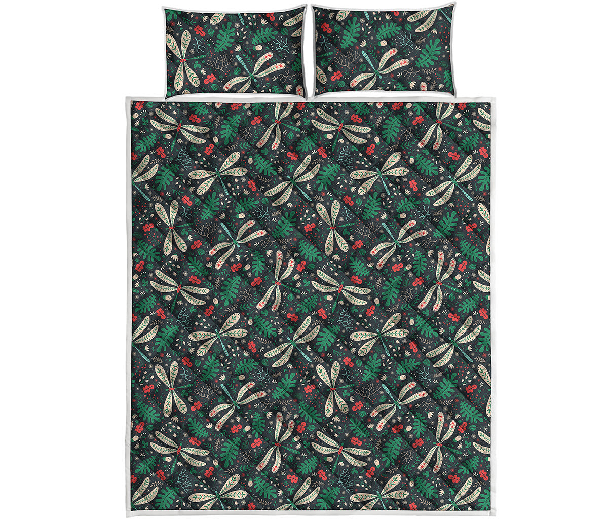 Christmas Floral Dragonfly Pattern Print Quilt Bed Set