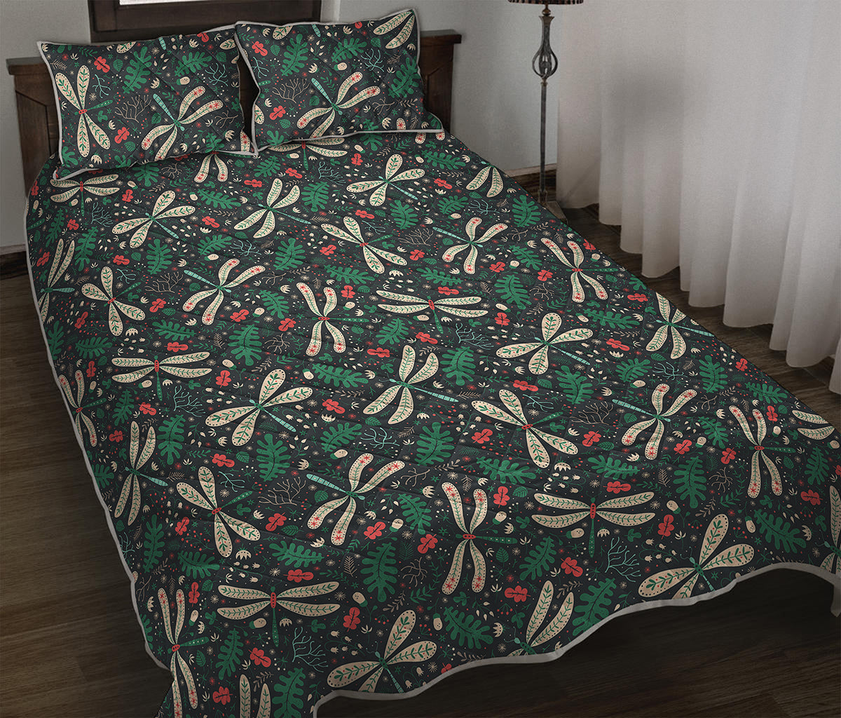 Christmas Floral Dragonfly Pattern Print Quilt Bed Set