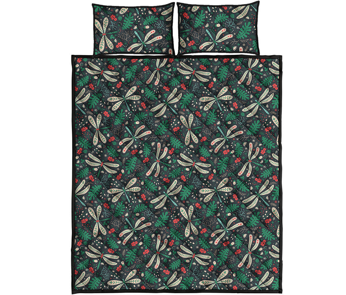 Christmas Floral Dragonfly Pattern Print Quilt Bed Set