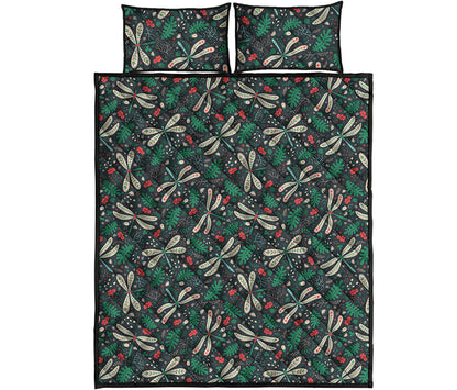 Christmas Floral Dragonfly Pattern Print Quilt Bed Set