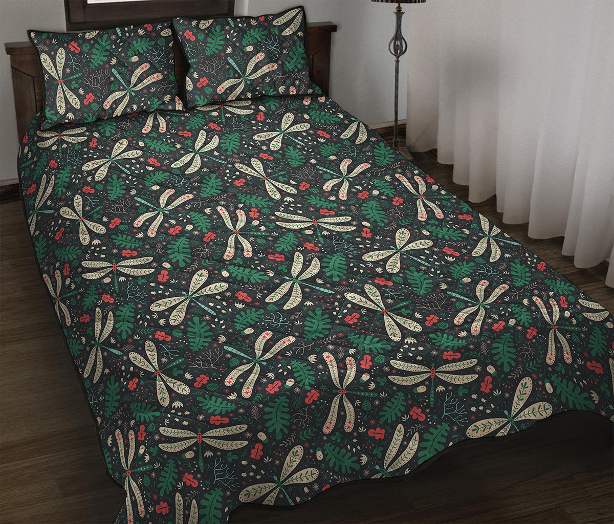 Christmas Floral Dragonfly Pattern Print Quilt Bed Set