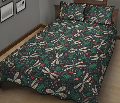 Christmas Floral Dragonfly Pattern Print Quilt Bed Set