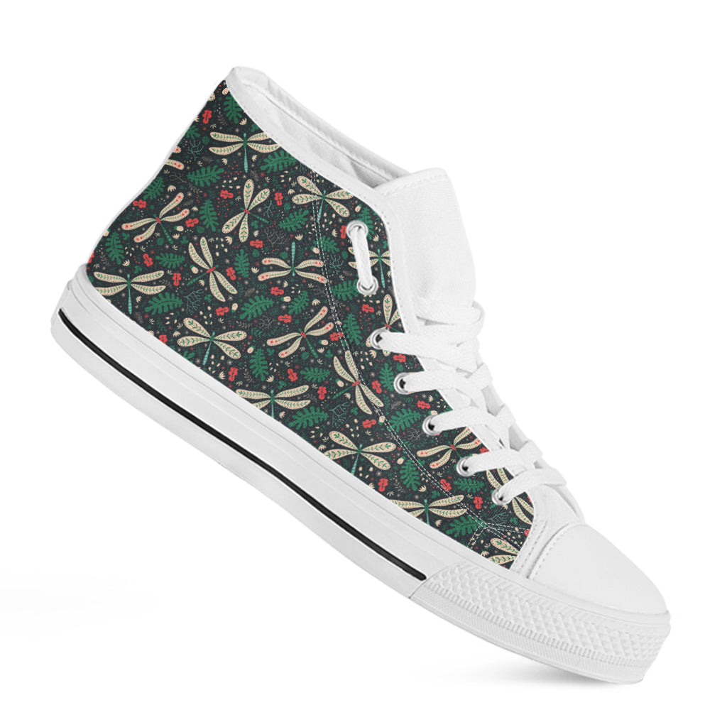 Christmas Floral Dragonfly Pattern Print White High Top Shoes