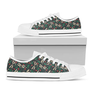 Christmas Floral Dragonfly Pattern Print White Low Top Shoes