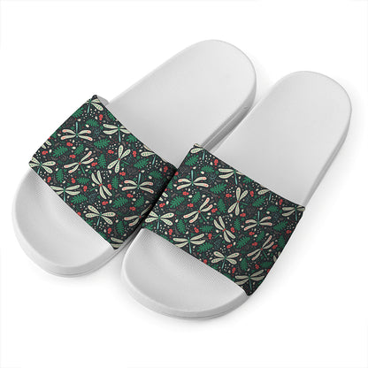 Christmas Floral Dragonfly Pattern Print White Slide Sandals