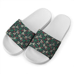 Christmas Floral Dragonfly Pattern Print White Slide Sandals