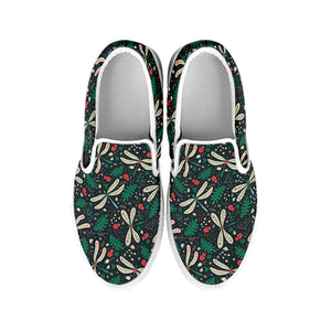 Christmas Floral Dragonfly Pattern Print White Slip On Shoes