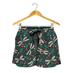 Christmas Floral Dragonfly Pattern Print Women's Shorts