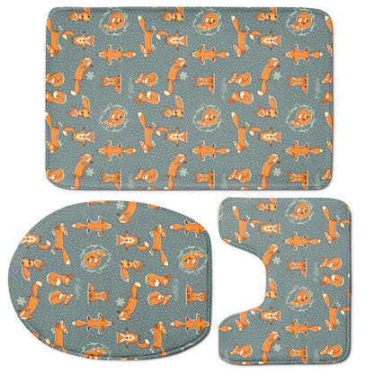 Christmas Fox Pattern Print 3 Piece Bath Mat Set