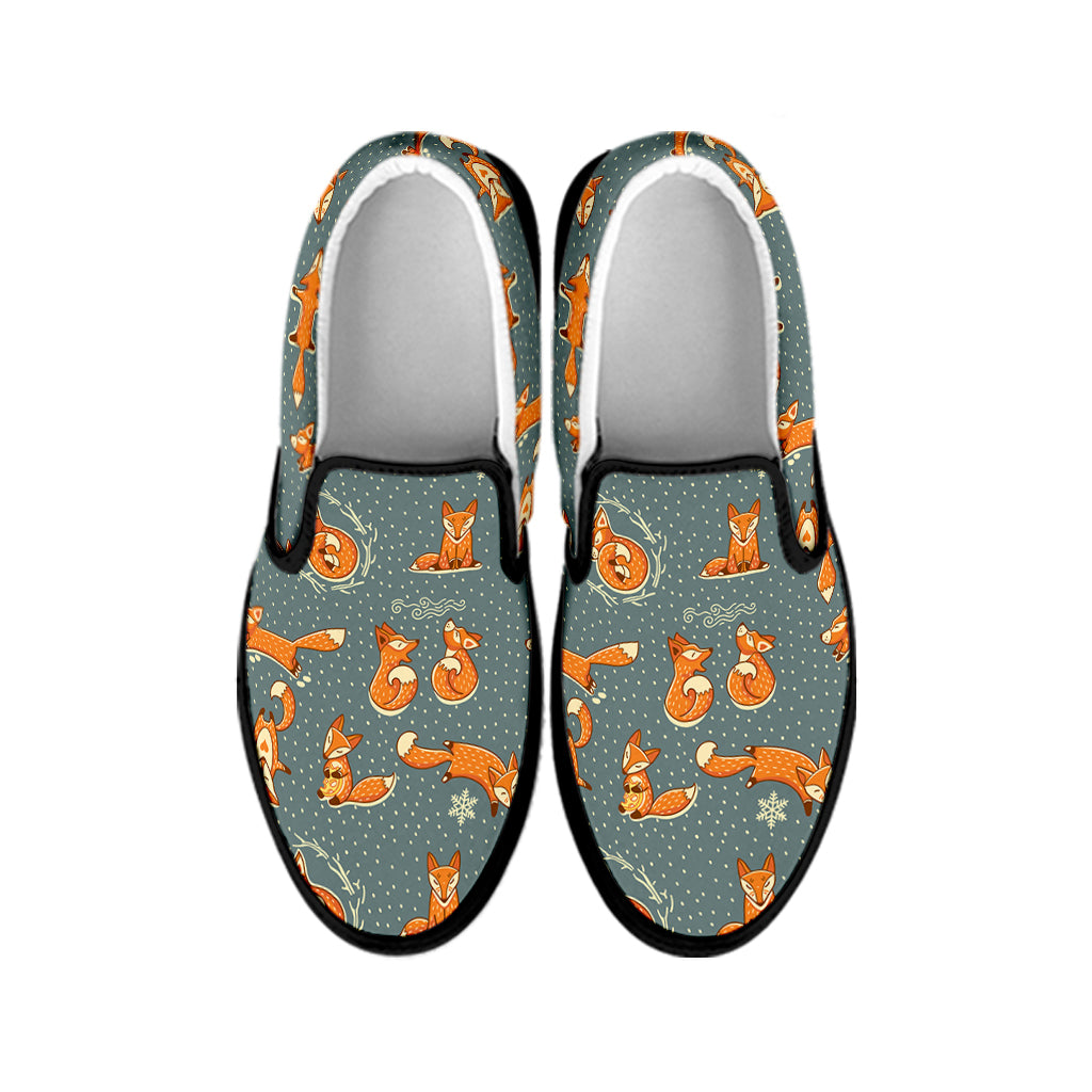 Christmas Fox Pattern Print Black Slip On Shoes