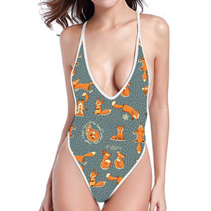 Christmas Fox Pattern Print One Piece High Cut Swimsuit