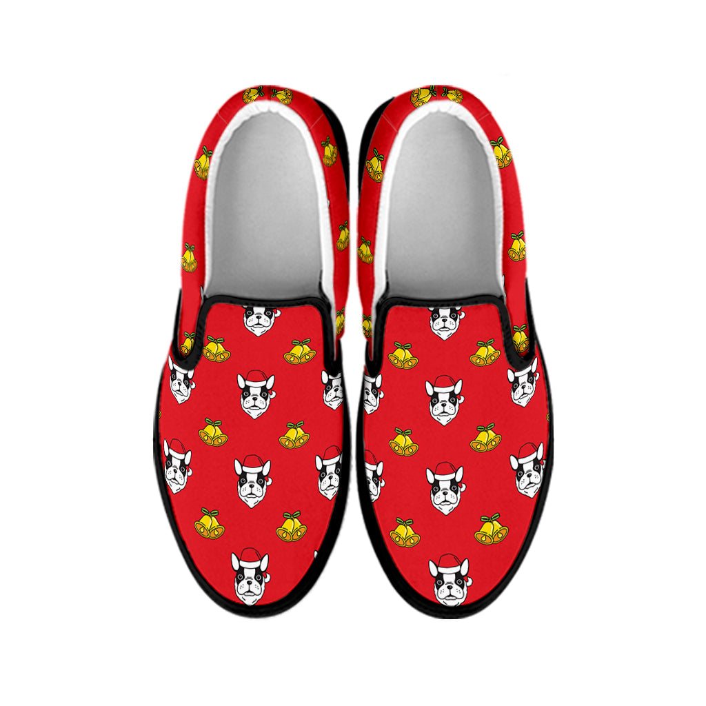 Christmas French Bulldog Santa Print Black Slip On Shoes