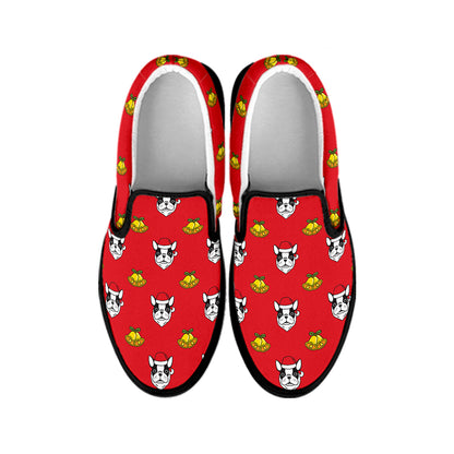Christmas French Bulldog Santa Print Black Slip On Shoes
