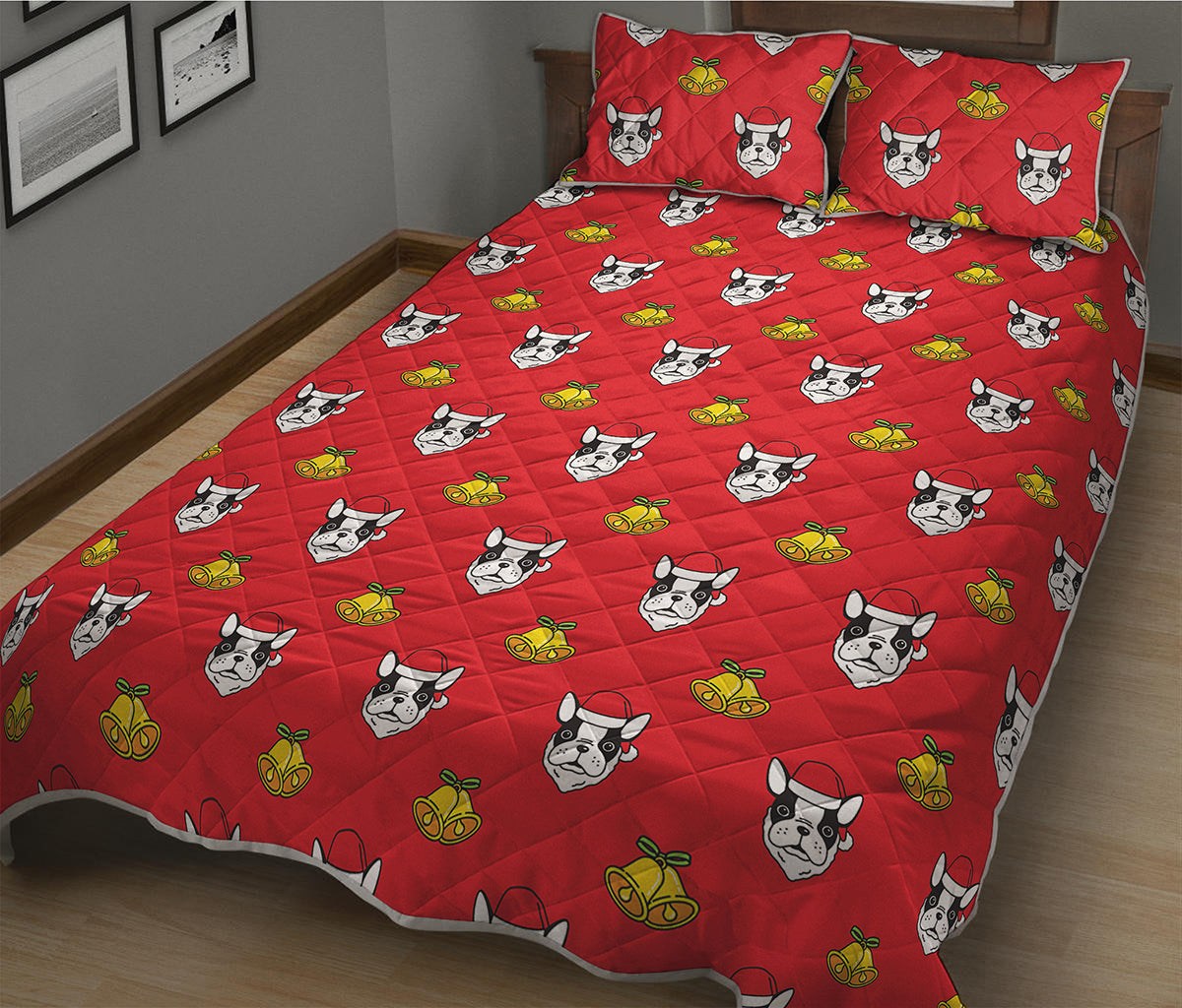 Christmas French Bulldog Santa Print Quilt Bed Set