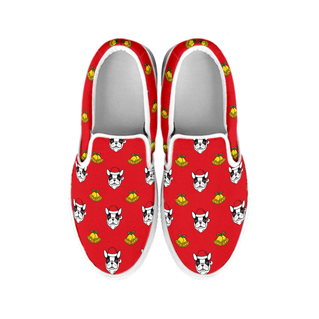 Christmas French Bulldog Santa Print White Slip On Shoes