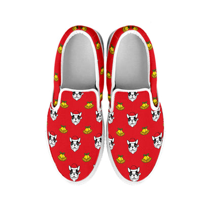 Christmas French Bulldog Santa Print White Slip On Shoes