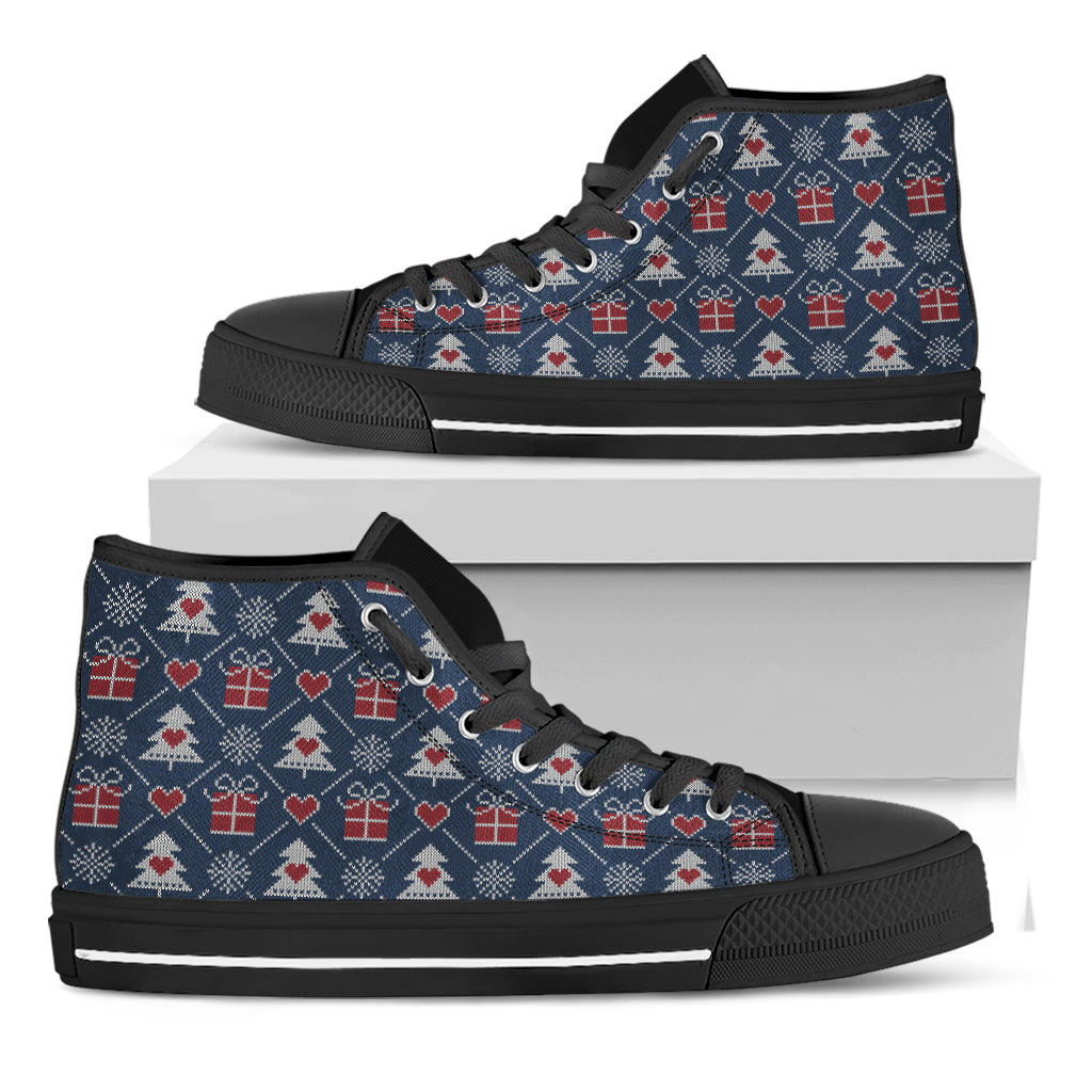 Christmas Gift Knitted Pattern Print Black High Top Shoes