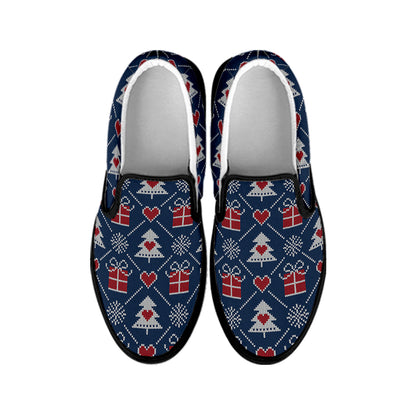 Christmas Gift Knitted Pattern Print Black Slip On Shoes