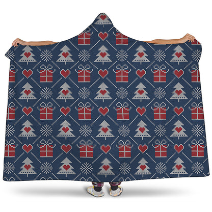 Christmas Gift Knitted Pattern Print Hooded Blanket