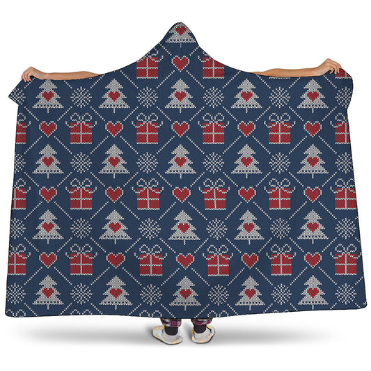 Christmas Gift Knitted Pattern Print Hooded Blanket
