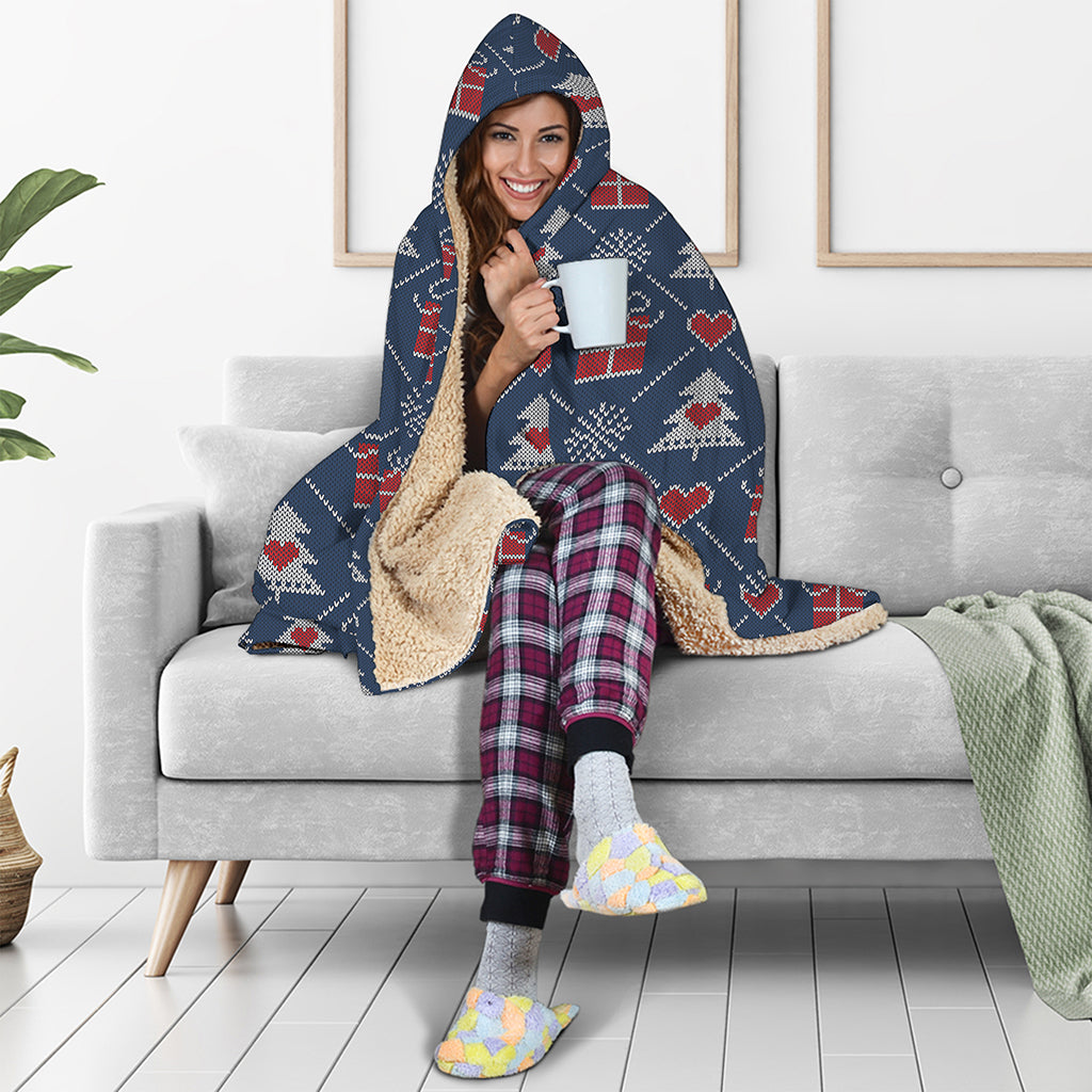 Christmas Gift Knitted Pattern Print Hooded Blanket
