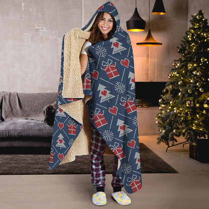 Christmas Gift Knitted Pattern Print Hooded Blanket