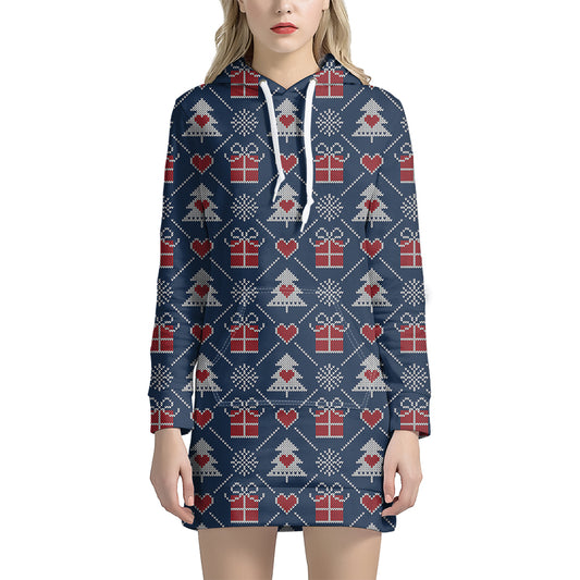 Christmas Gift Knitted Pattern Print Hoodie Dress