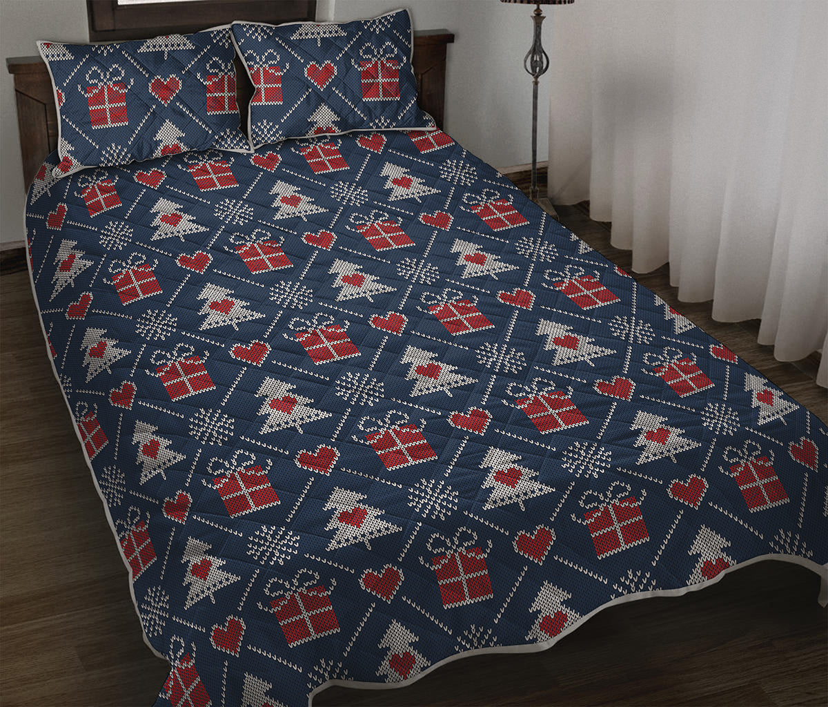 Christmas Gift Knitted Pattern Print Quilt Bed Set