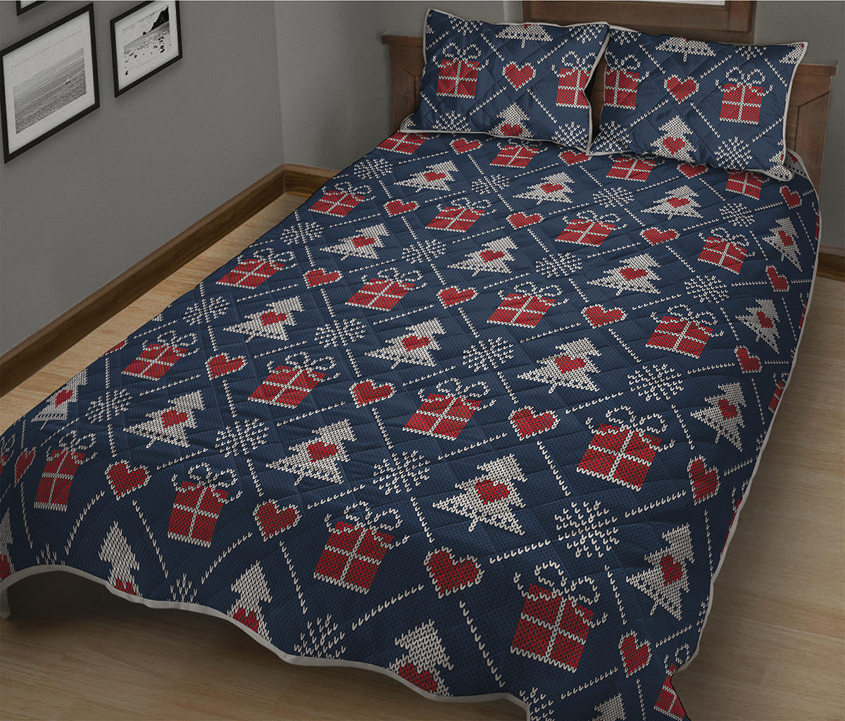 Christmas Gift Knitted Pattern Print Quilt Bed Set