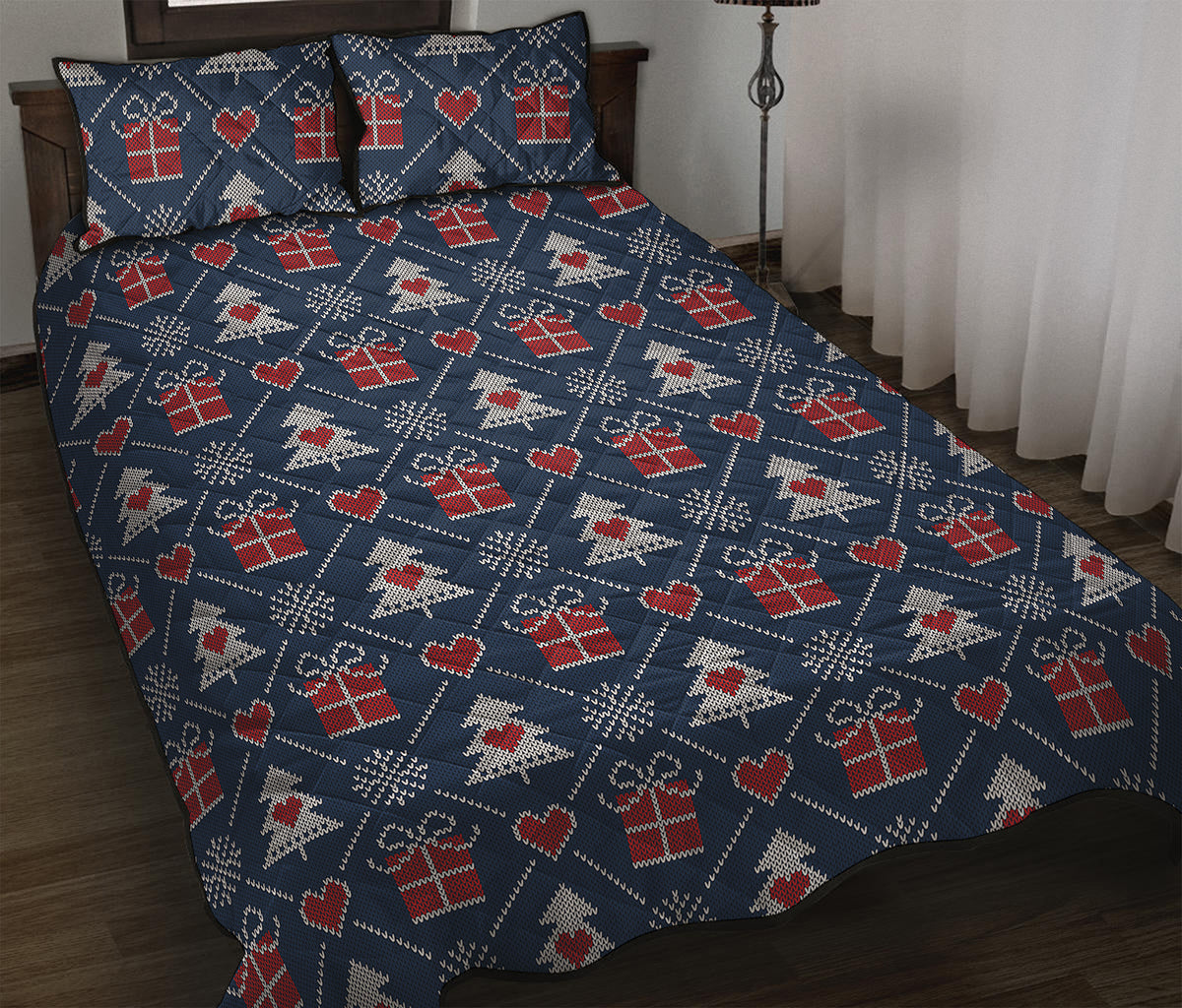 Christmas Gift Knitted Pattern Print Quilt Bed Set