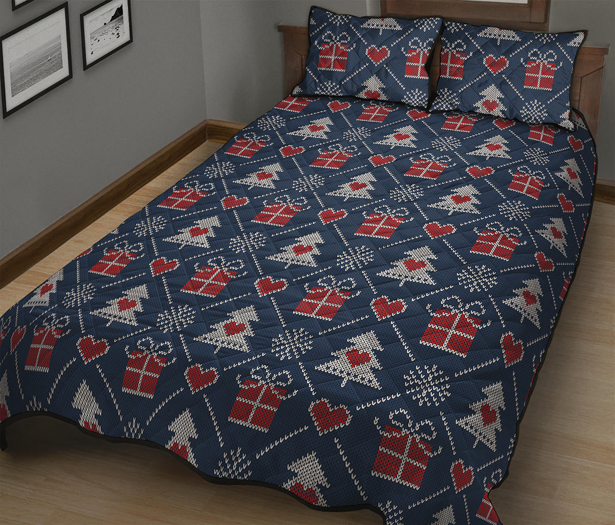 Christmas Gift Knitted Pattern Print Quilt Bed Set