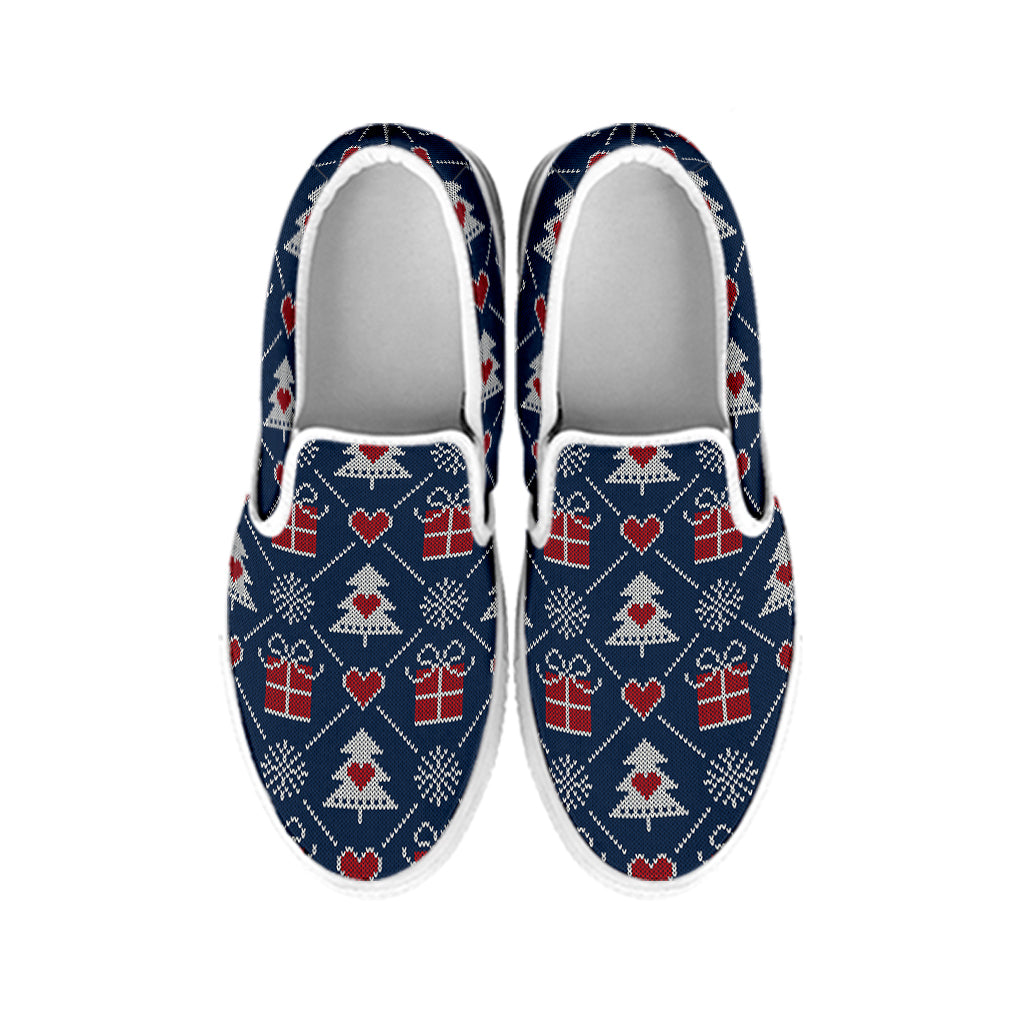 Christmas Gift Knitted Pattern Print White Slip On Shoes