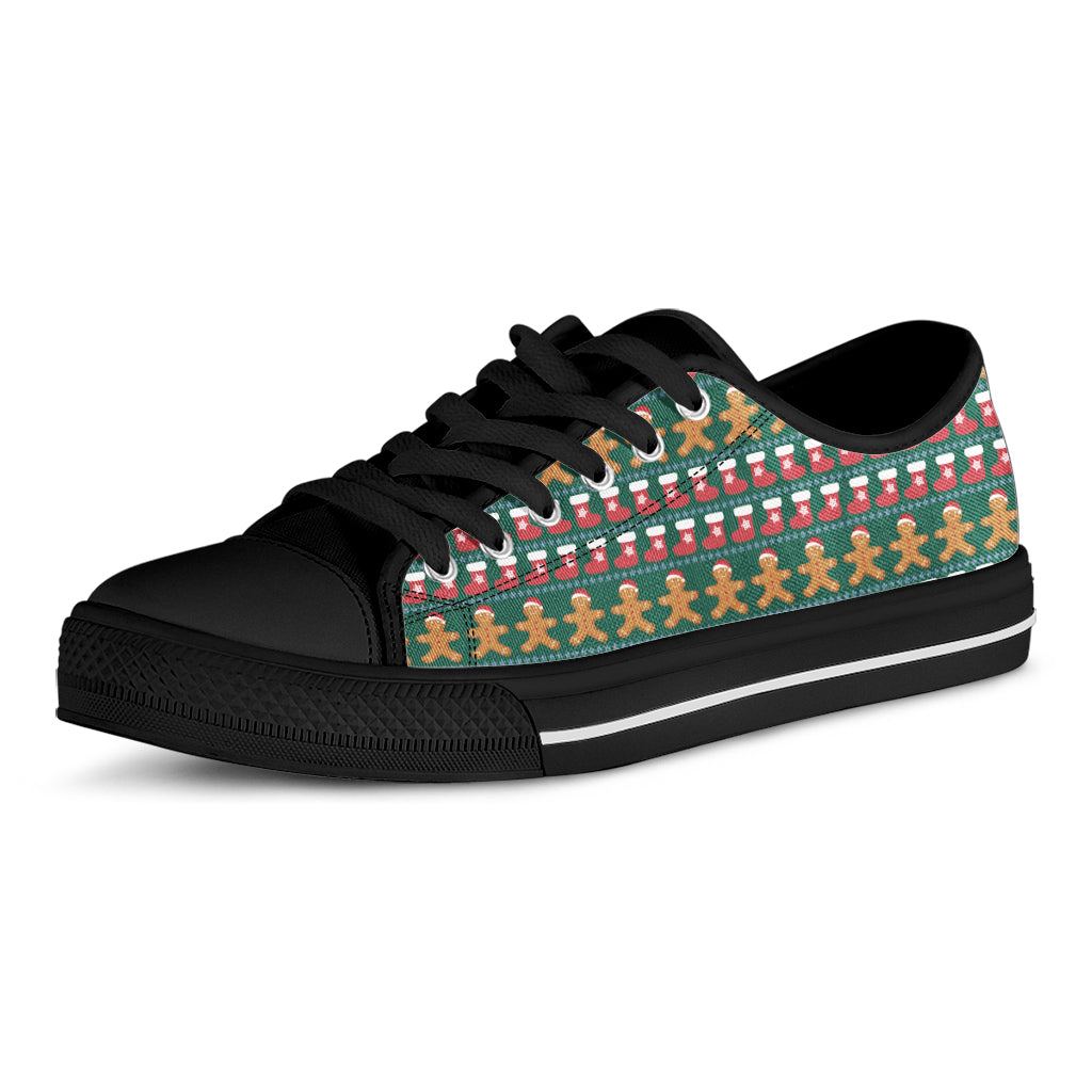 Christmas Gingerbread Man Pattern Print Black Low Top Shoes