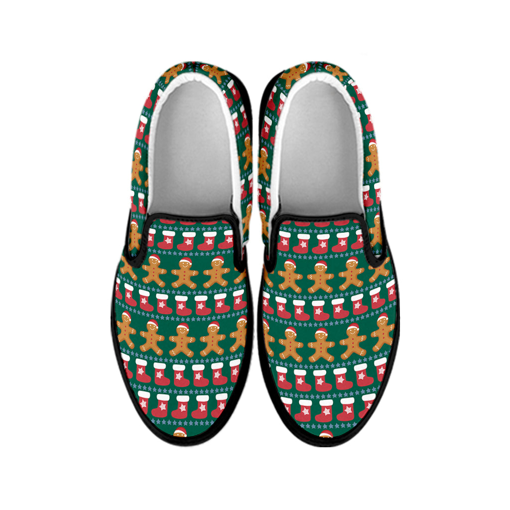 Christmas Gingerbread Man Pattern Print Black Slip On Shoes