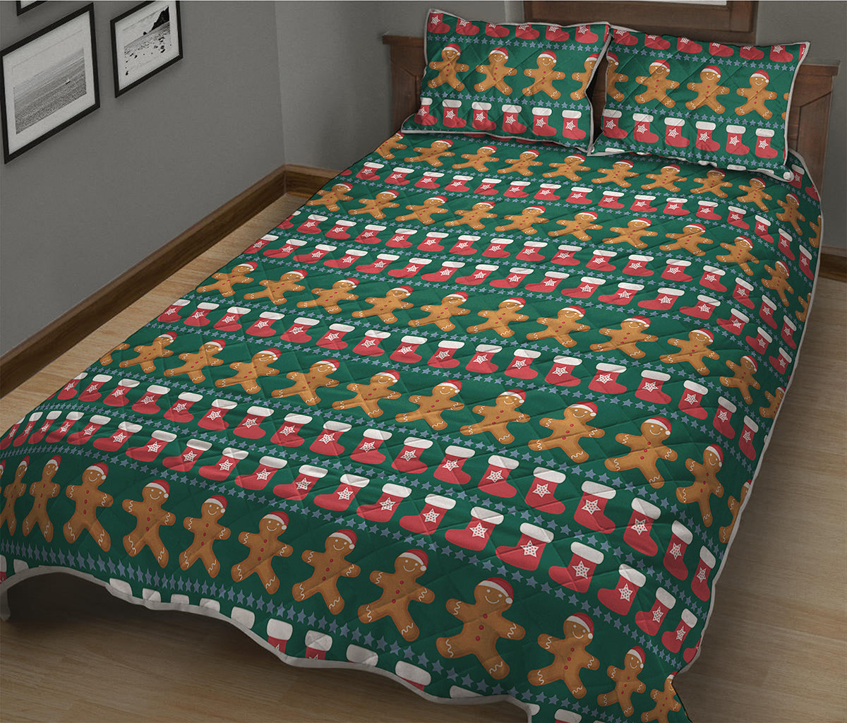 Christmas Gingerbread Man Pattern Print Quilt Bed Set