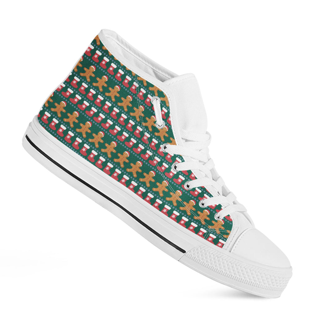 Christmas Gingerbread Man Pattern Print White High Top Shoes