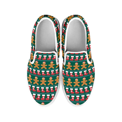 Christmas Gingerbread Man Pattern Print White Slip On Shoes