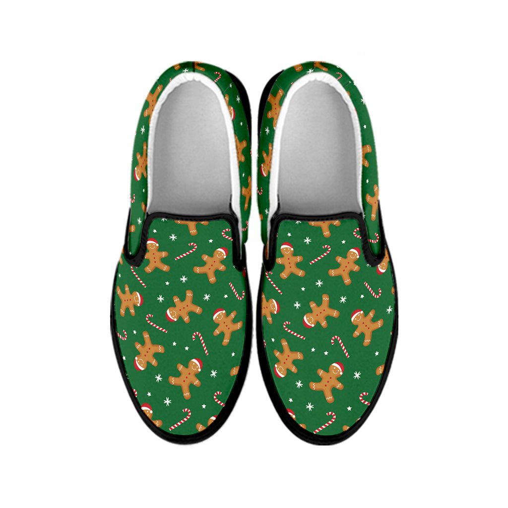 Christmas Gingerbread Pattern Print Black Slip On Shoes