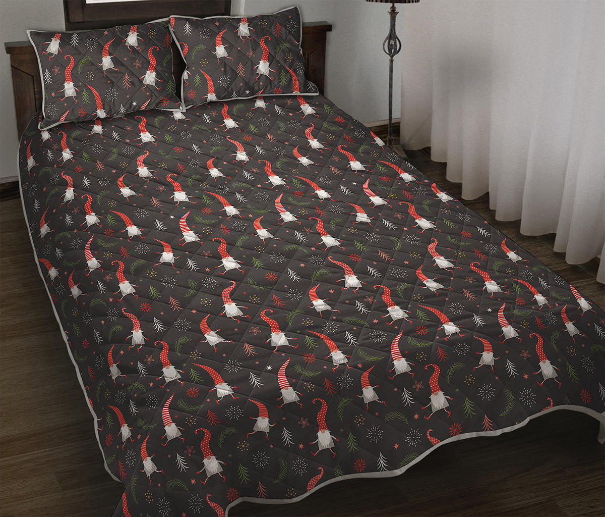 Christmas Gnomes Pattern Print Quilt Bed Set
