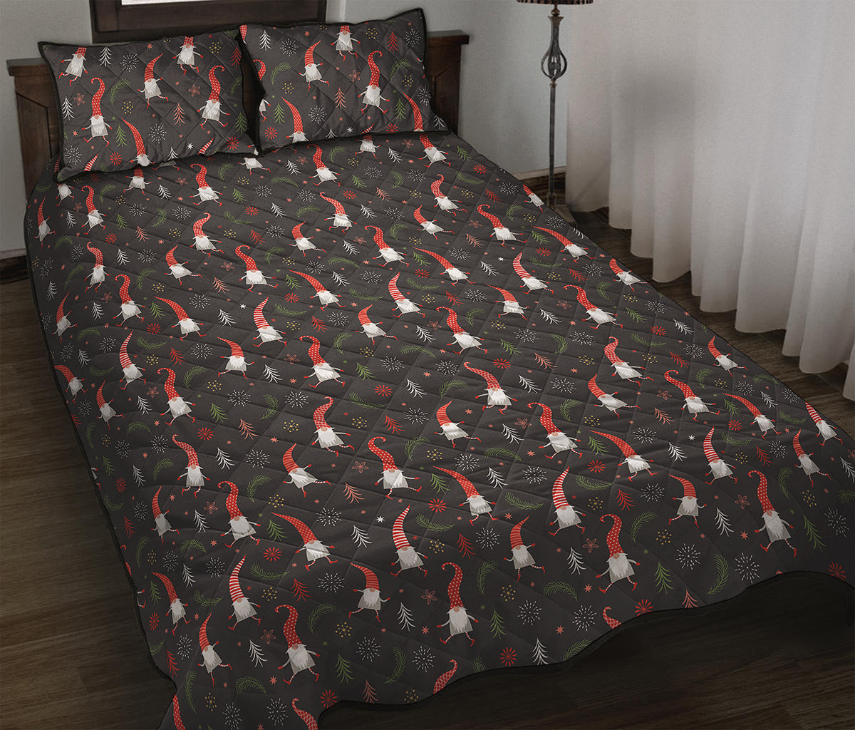 Christmas Gnomes Pattern Print Quilt Bed Set