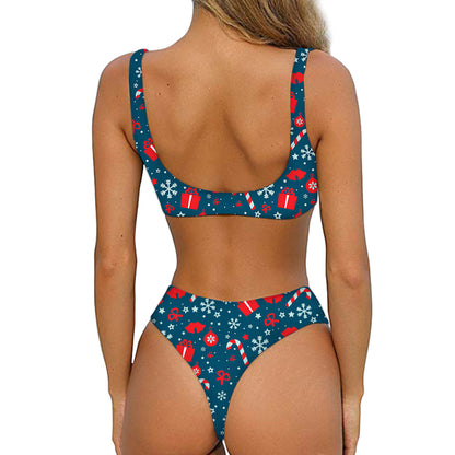 Christmas Holiday Elements Pattern Print Front Bow Tie Bikini