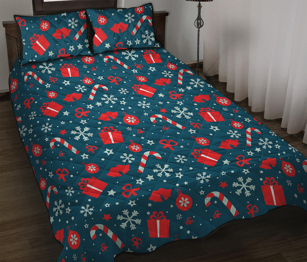 Christmas Holiday Elements Pattern Print Quilt Bed Set