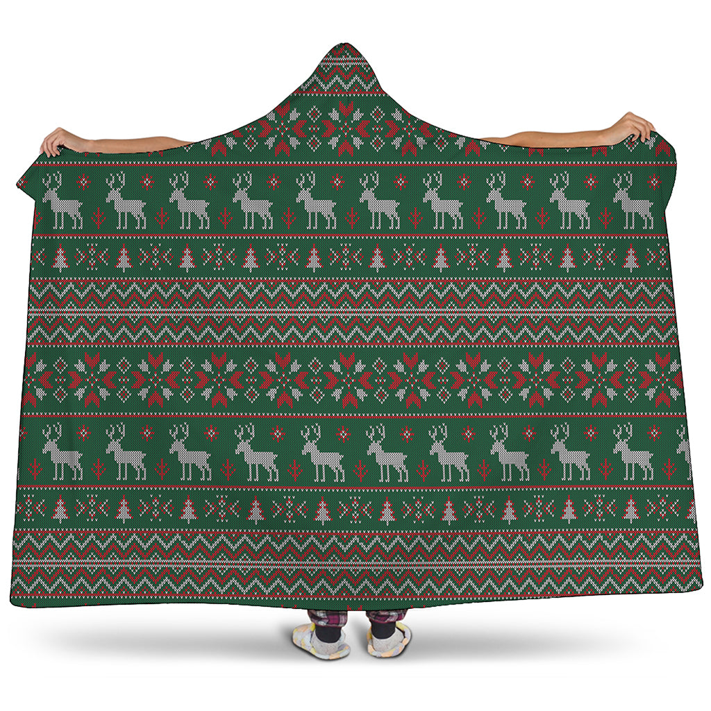 Christmas Holiday Knitted Pattern Print Hooded Blanket