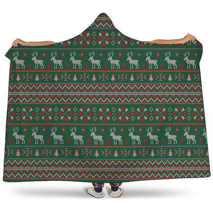 Christmas Holiday Knitted Pattern Print Hooded Blanket