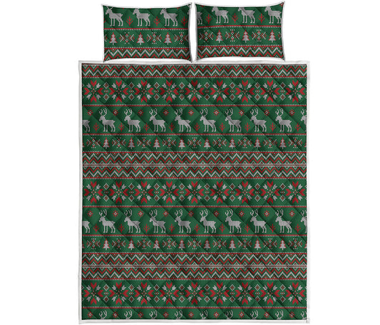Christmas Holiday Knitted Pattern Print Quilt Bed Set