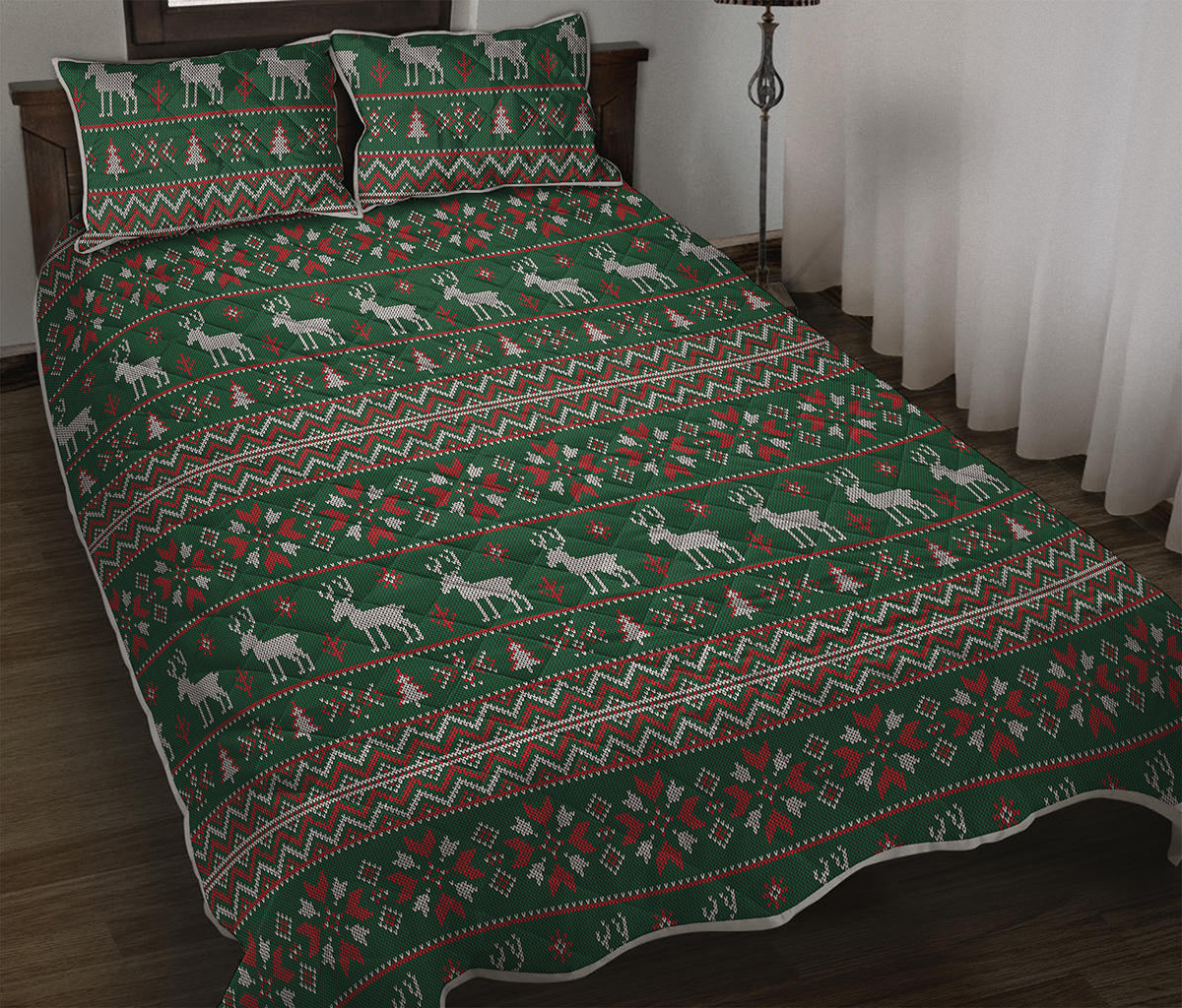 Christmas Holiday Knitted Pattern Print Quilt Bed Set