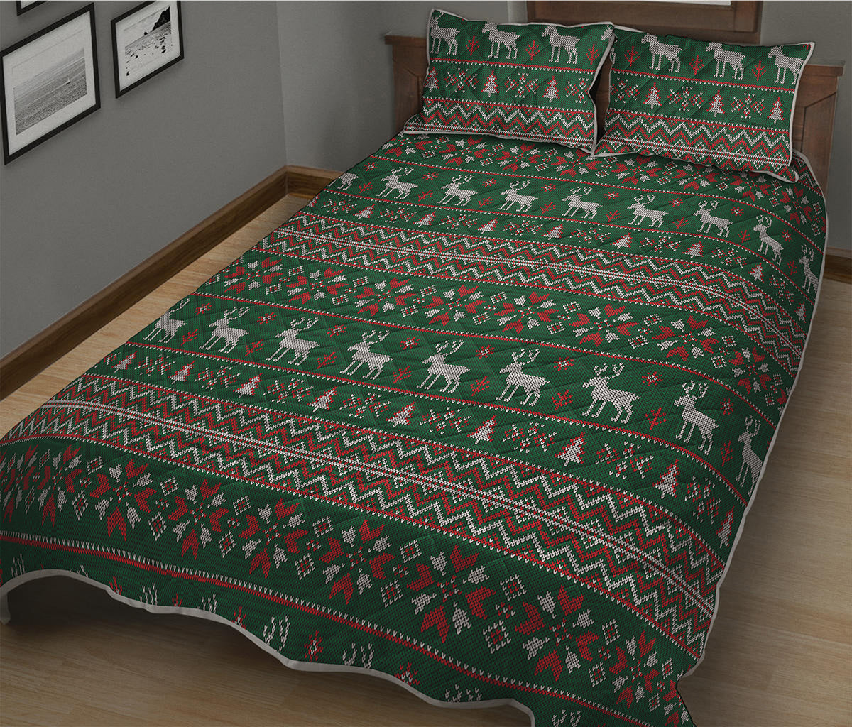Christmas Holiday Knitted Pattern Print Quilt Bed Set