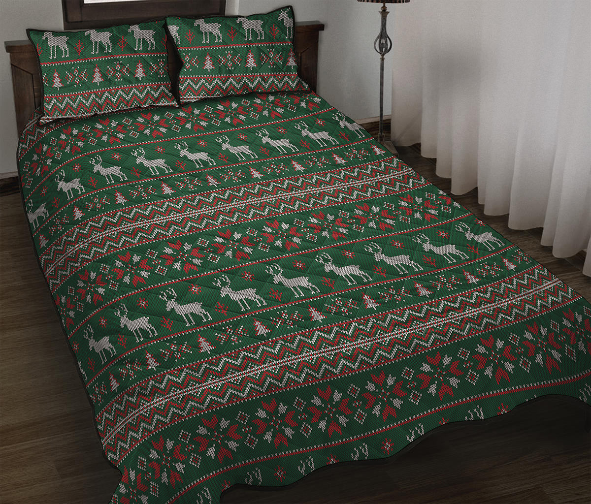 Christmas Holiday Knitted Pattern Print Quilt Bed Set